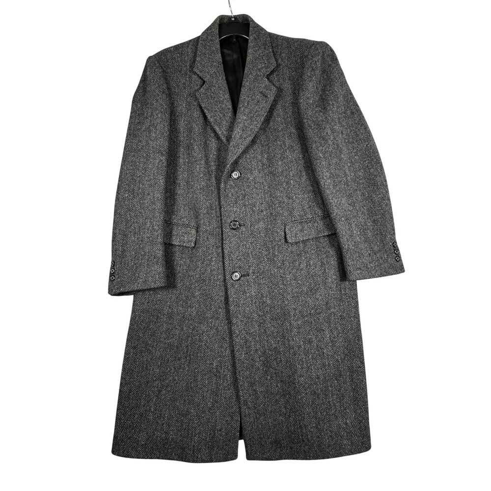Vintage Pura Lana Vergine Wool Herringbone Overcoat Womens L Dark Academia